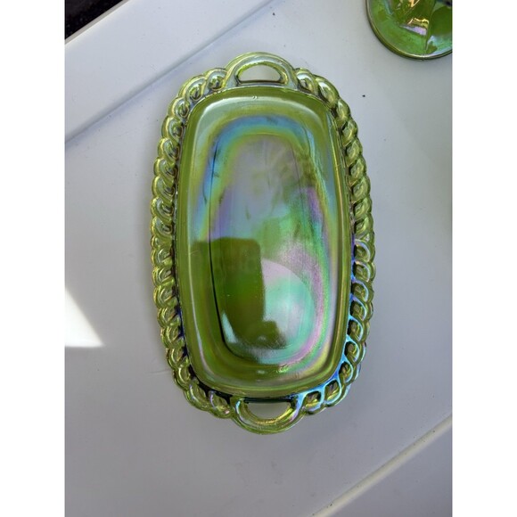 Vtg Indiana Carnival Glass Lime Green Grape Iridescent 3pc Sugar Creamer Tray - Picture 4 of 7